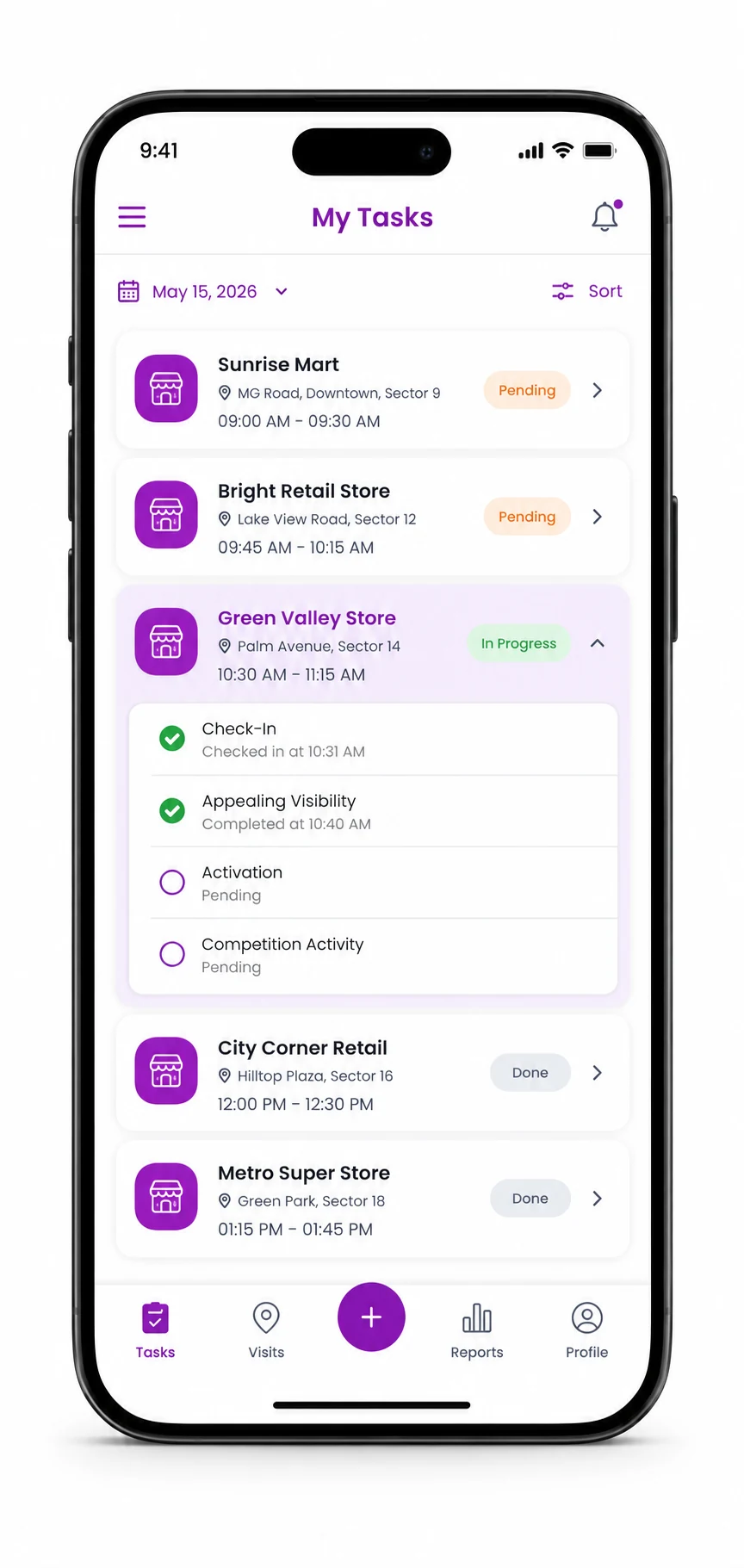 Field rep task list showing pending store visits and audit tasks on the 1Channel app