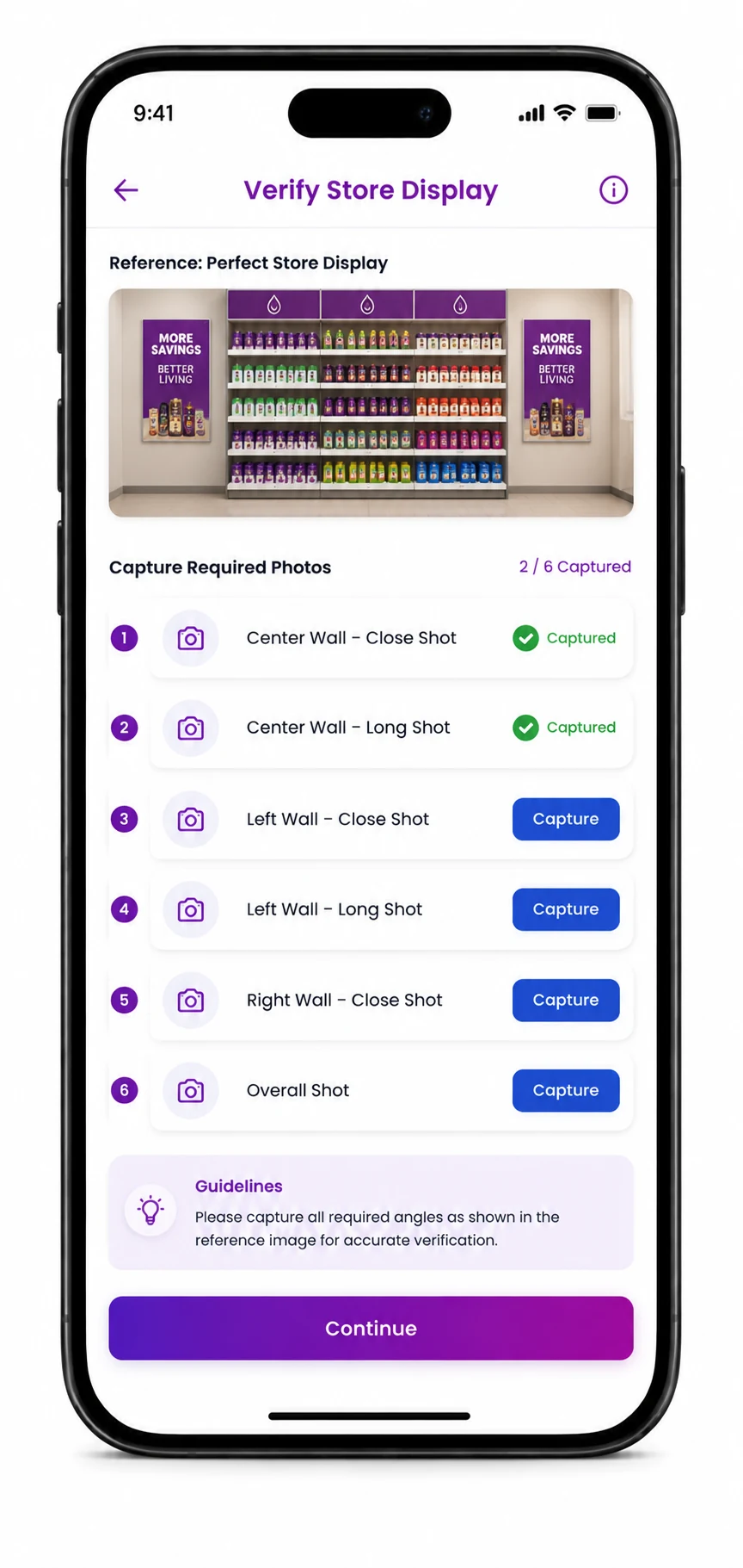 Verify Store Display screen showing a reference image and a 6-shot required photo checklist