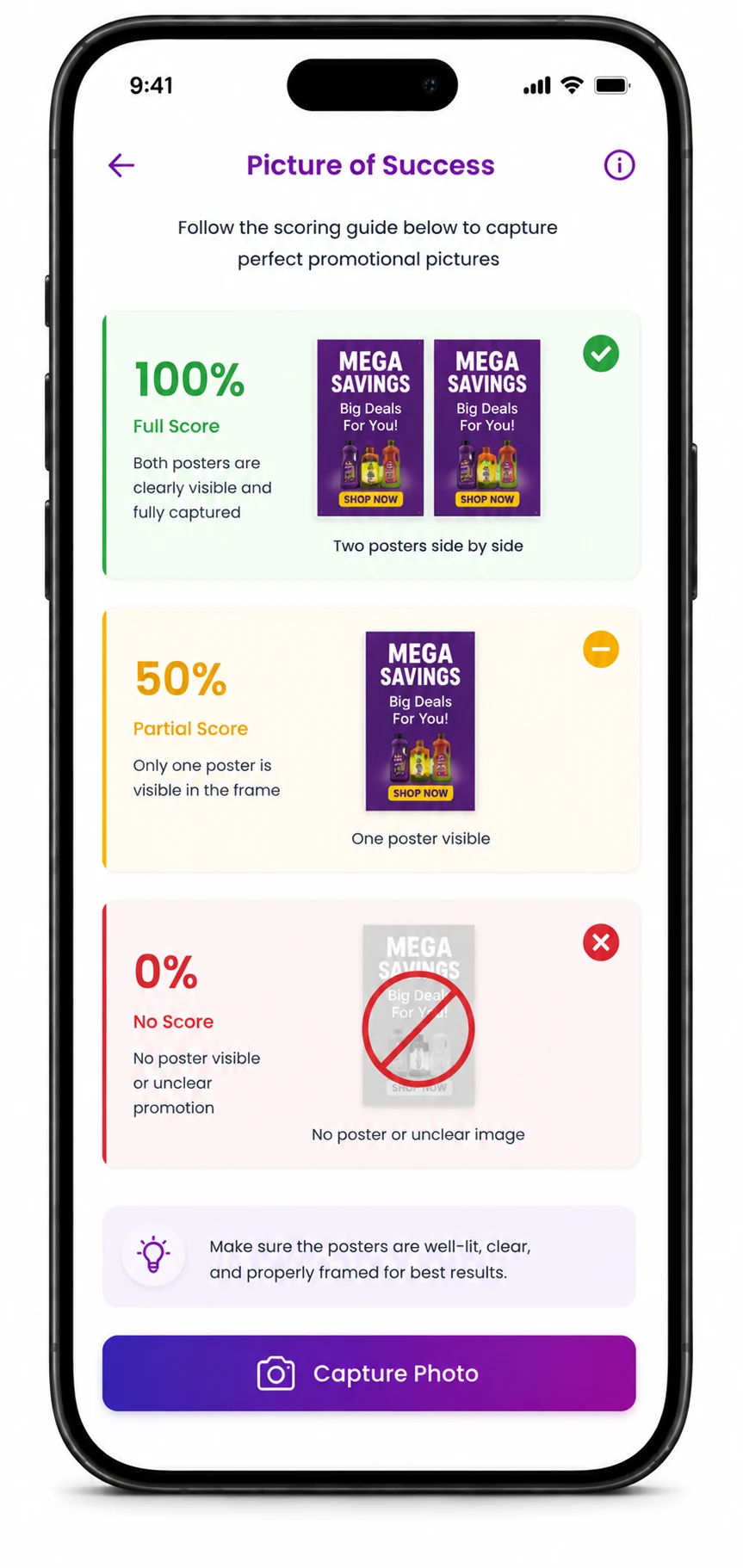 Picture of Success scoring guide showing 100%, 50%, and 0% examples for promotional poster placement