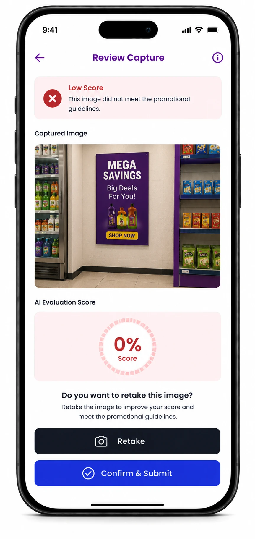 Review Capture screen showing a 0% AI evaluation score with retake and confirm and submit options