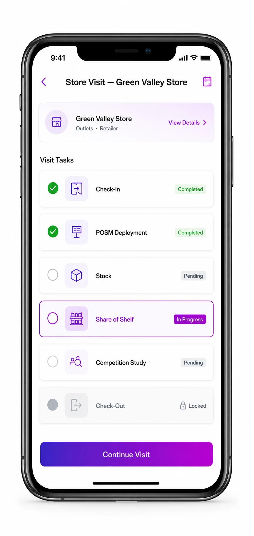 Store visit task list showing Check-In, POSM Deployment, Stock, Share of Shelf, Competition Study, and Check-Out