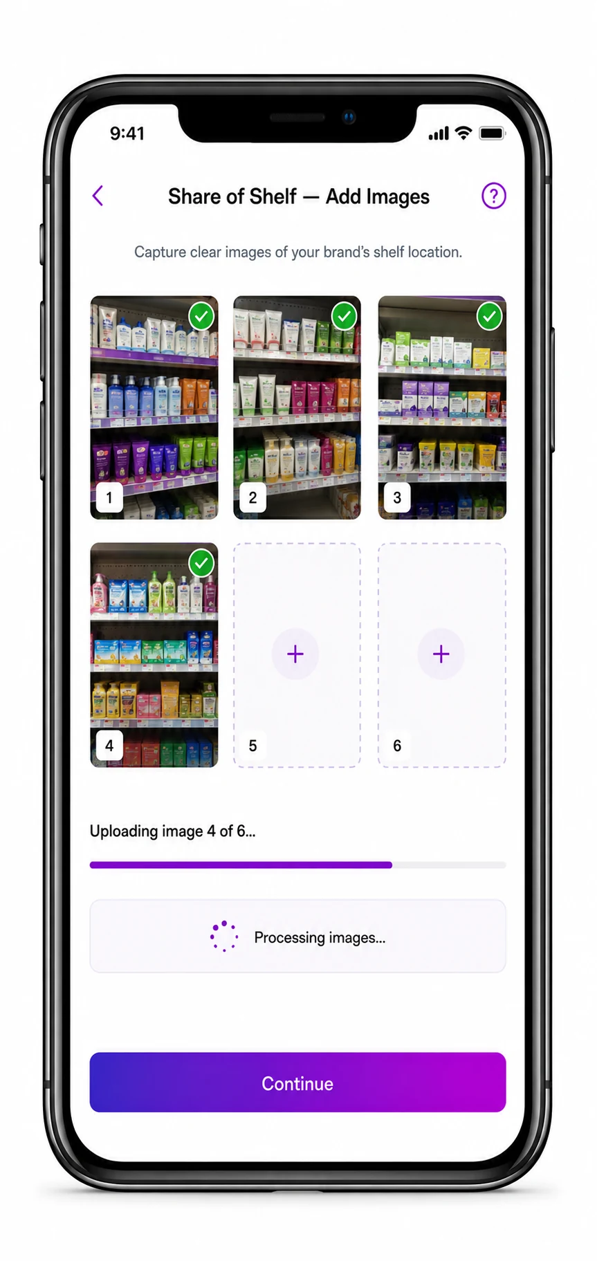 Share of Shelf add images screen showing 4 of 6 shelf photos captured and images processing