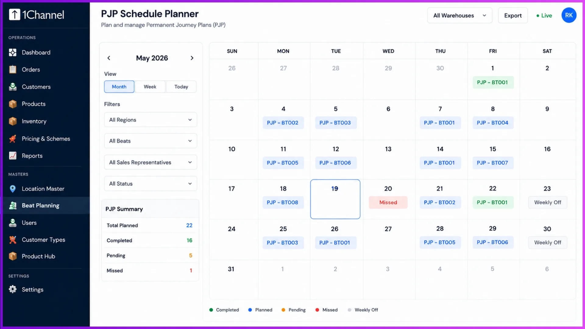 Monthly calendar view for scheduling recurring Permanent Journey Plans (PJP) for field sales teams.