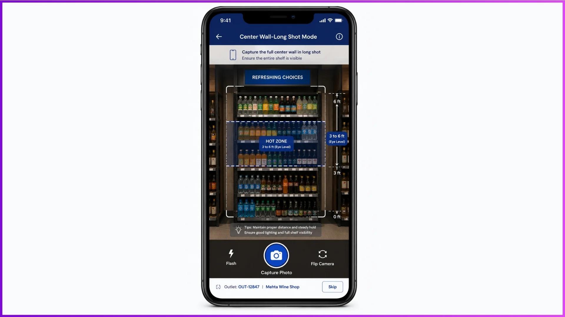App camera view showing a center wall long shot capture screen with a retail display framing guide overlay.