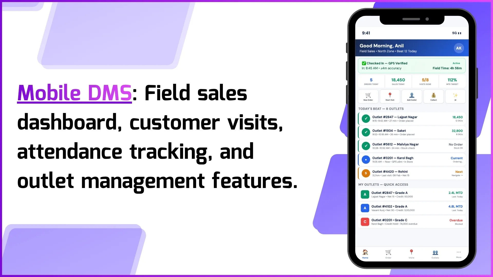 Mobile DMS mobile application showing field sales dashboard, customer visits, attendance tracking, and outlet management features