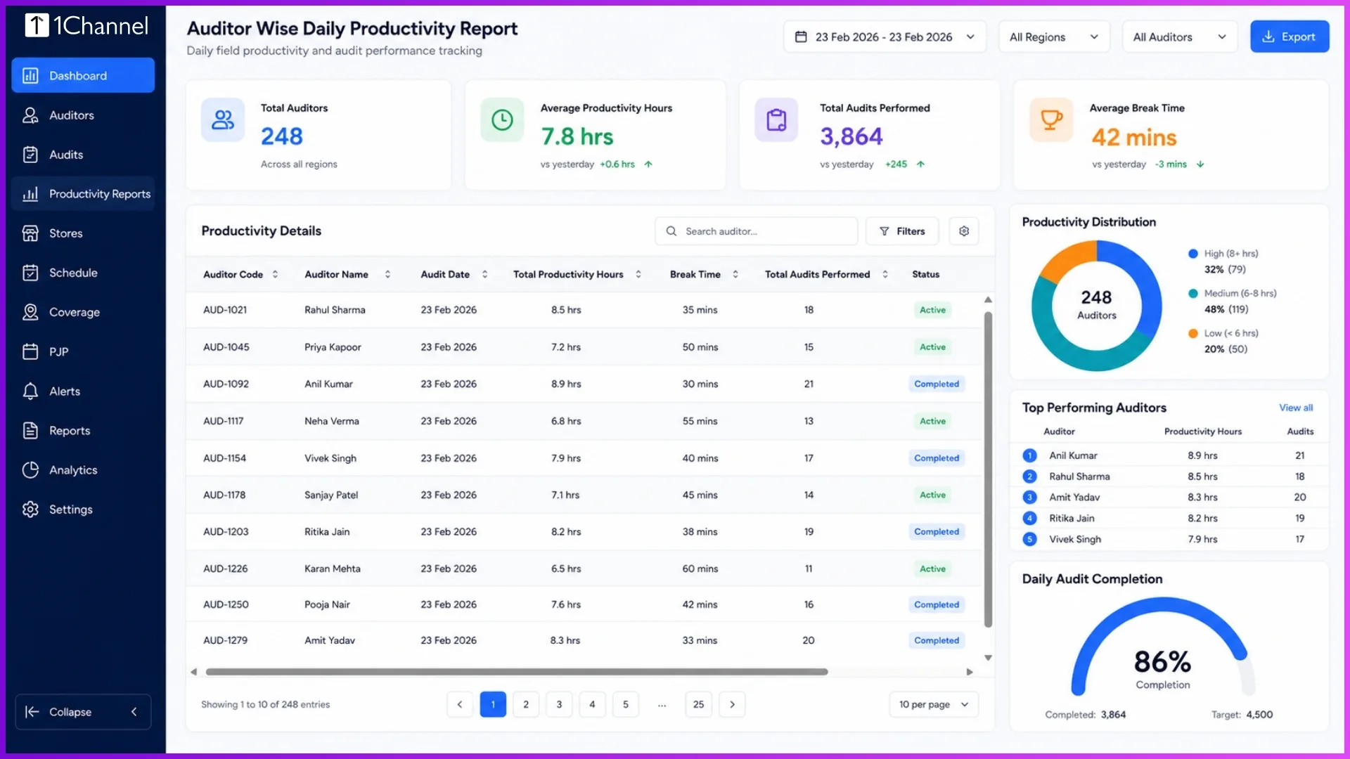 Desktop interface showing the Auditor Wise Daily Productivity Report matrix.