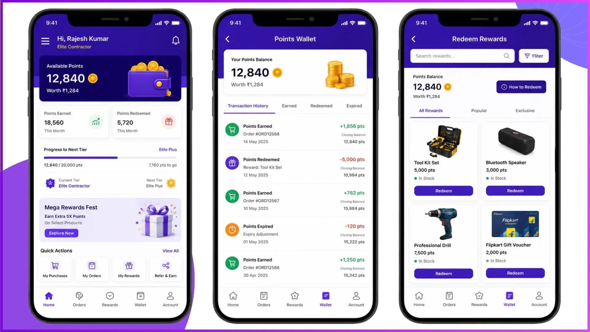 Contractor loyalty points wallet with earned points and reward balance