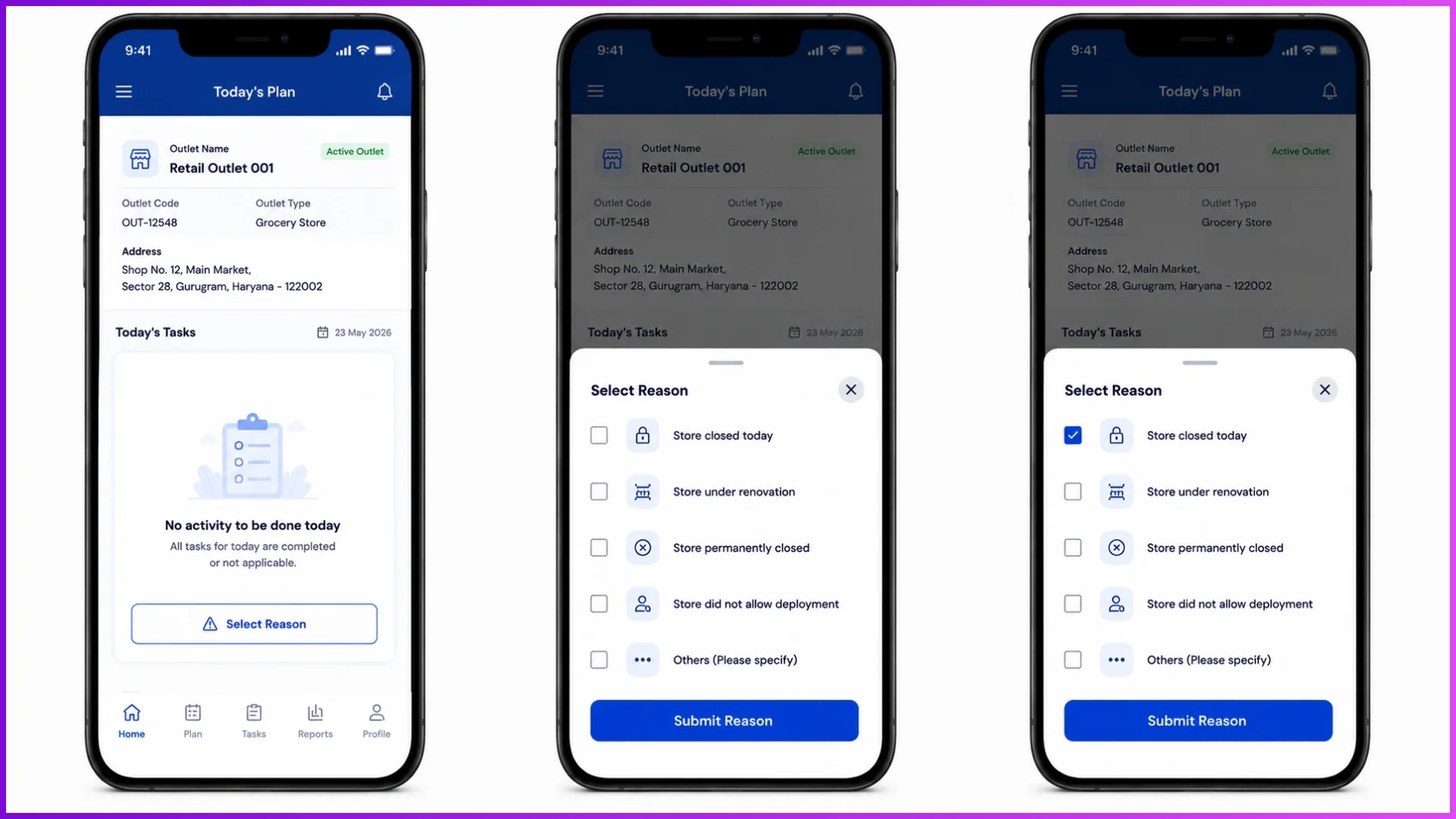 Retail app exception workflow dropdown menu displaying reasons for no activity such as store closed today or store under renovation.