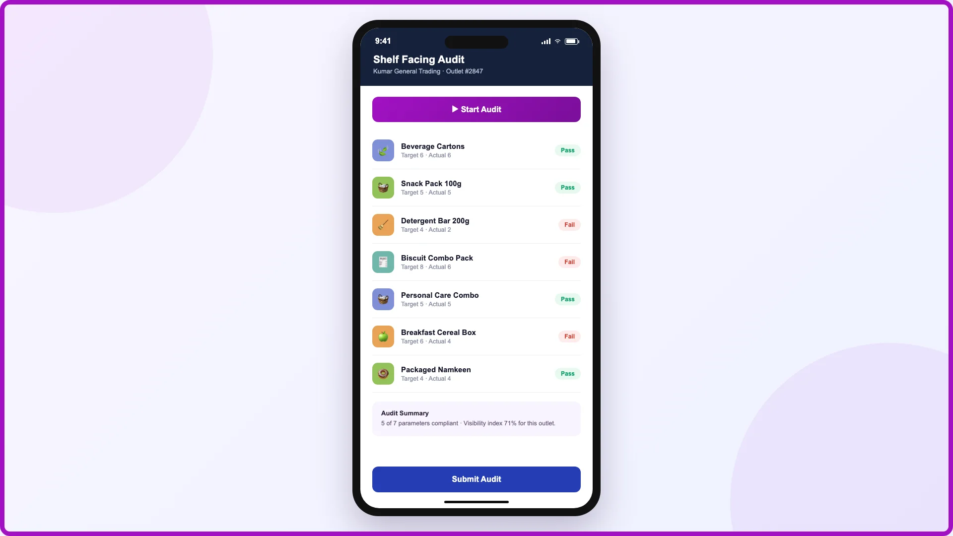Mobile app interface displaying an appealing visibility checklist for tracking product facing norms and actual shelf counts in a retail store.
