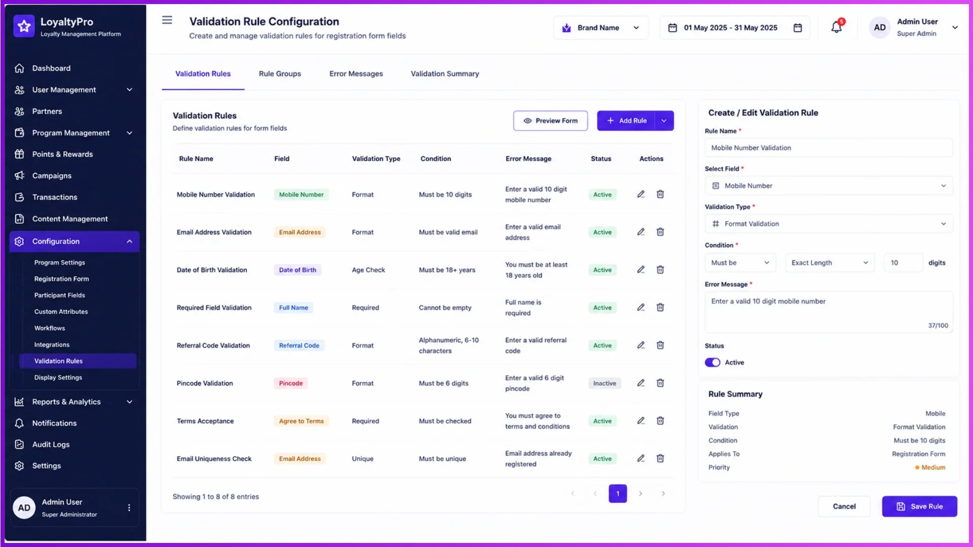 Validation rule configuration screen for codeless loyalty application forms