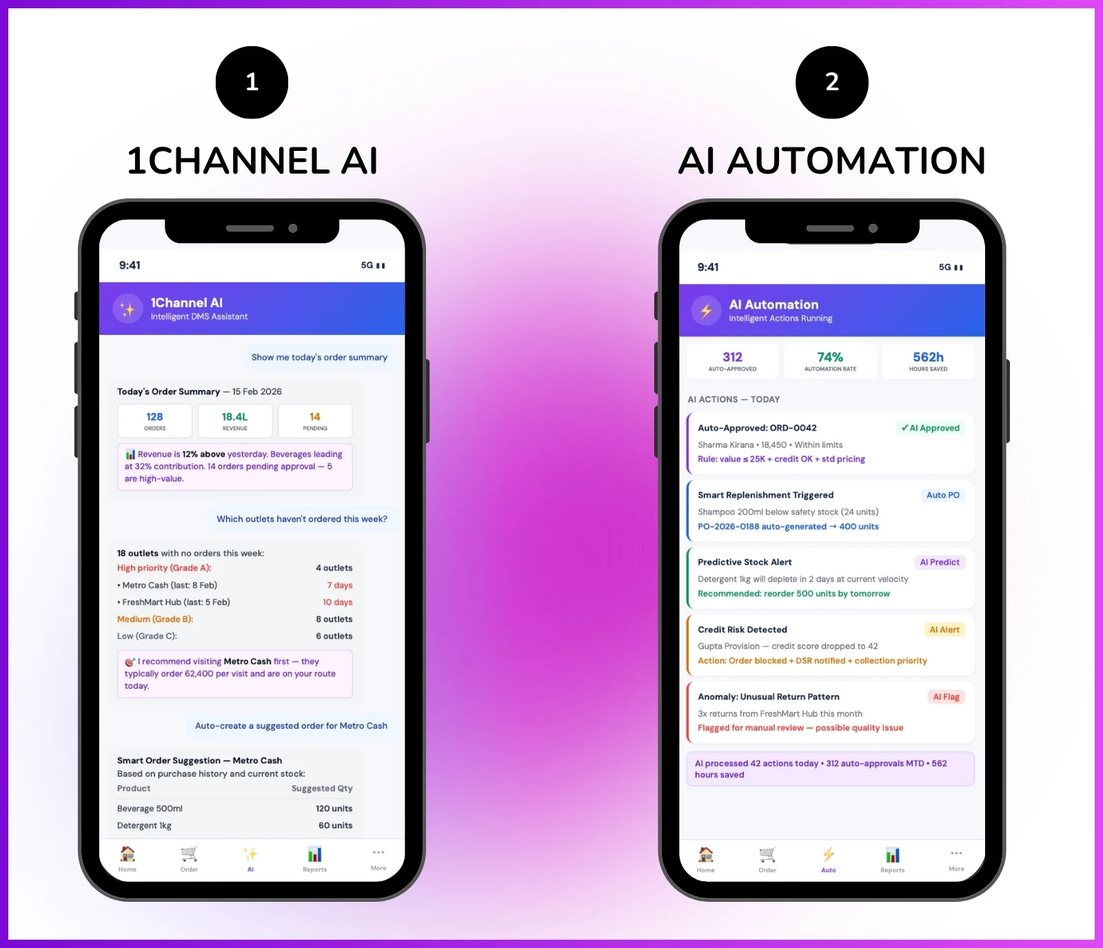 AI-powered DMS mobile app showing conversational AI assistant, order queries, and intelligent automation