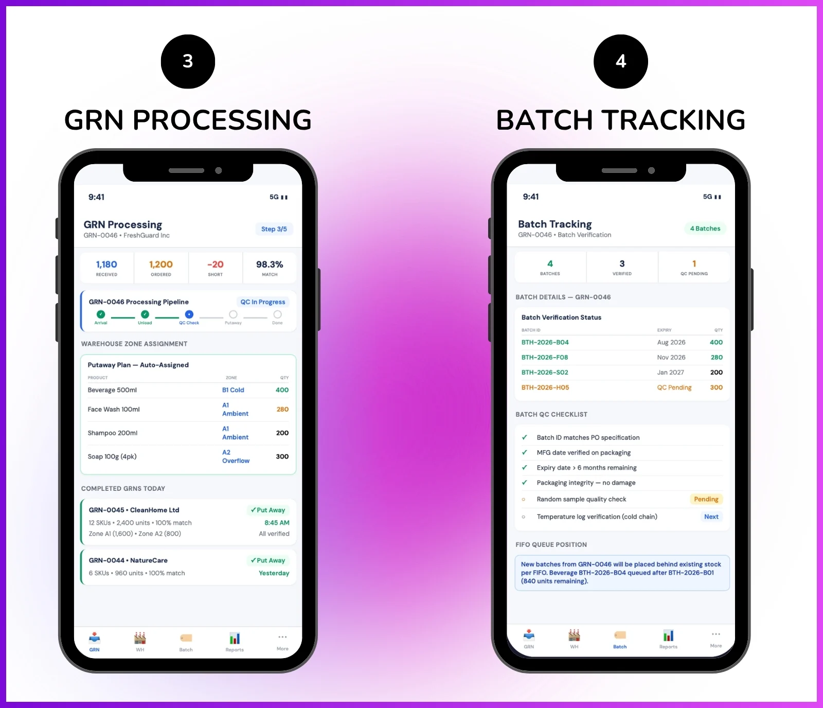 Inward management dashboard showing GRN processing, warehouse assignment, and batch tracking