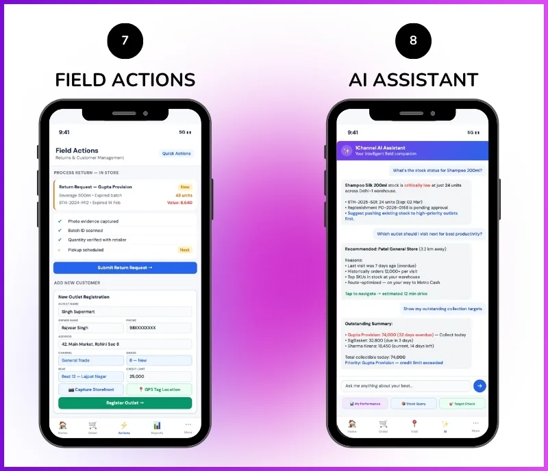 Field order management app showing returns processing, customer creation, and AI assistant