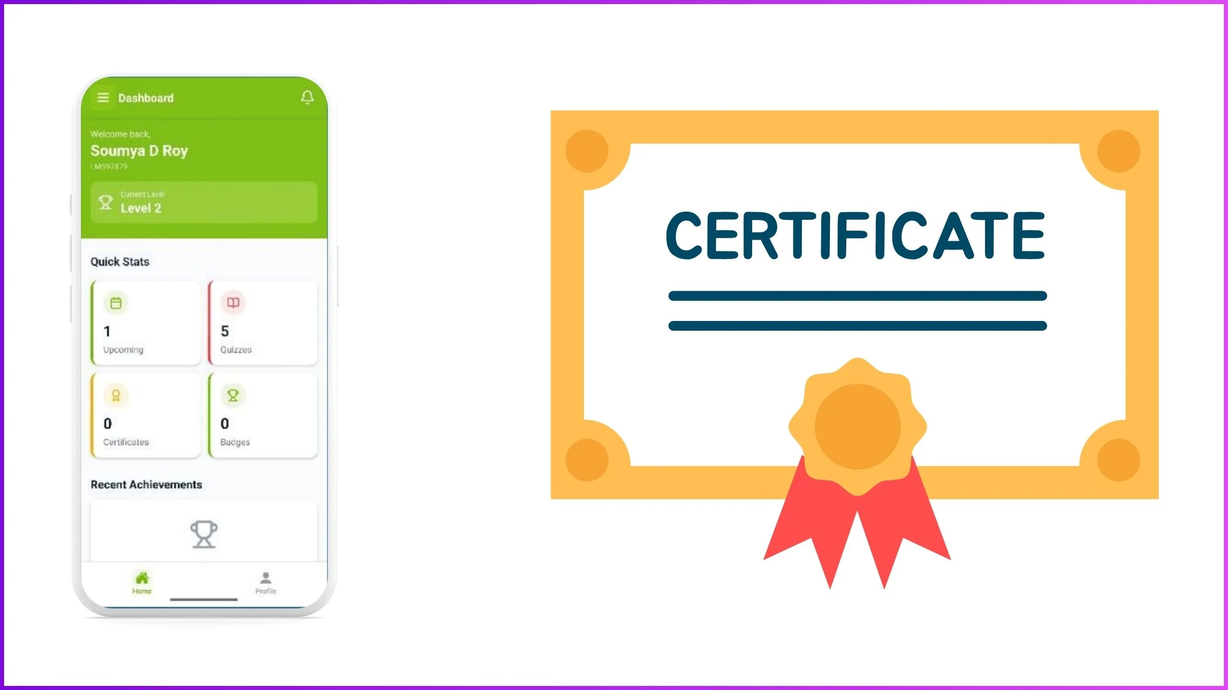 Gamified quiz interface with badges and certificates for sales team training app