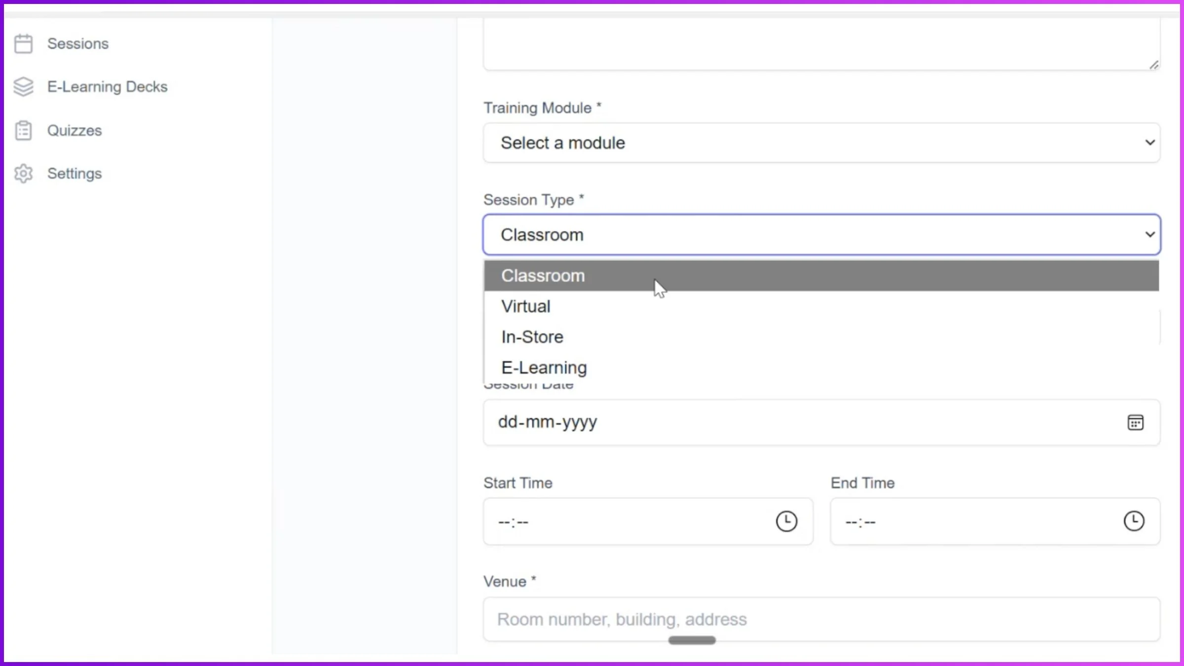 Sales training software session creation and scheduling interface
