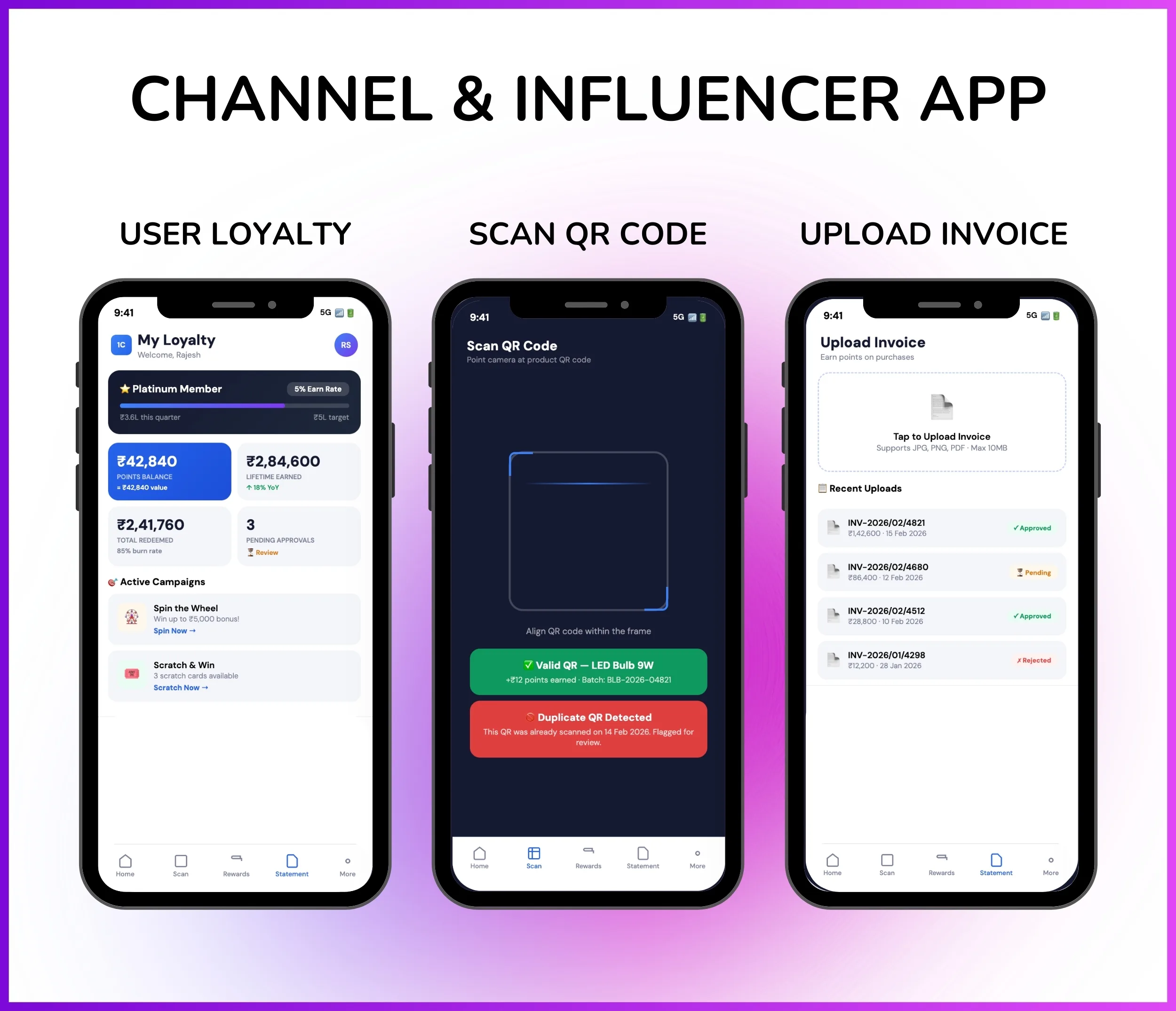 Channel influencer mobile app for scanning QR codes and uploading invoices