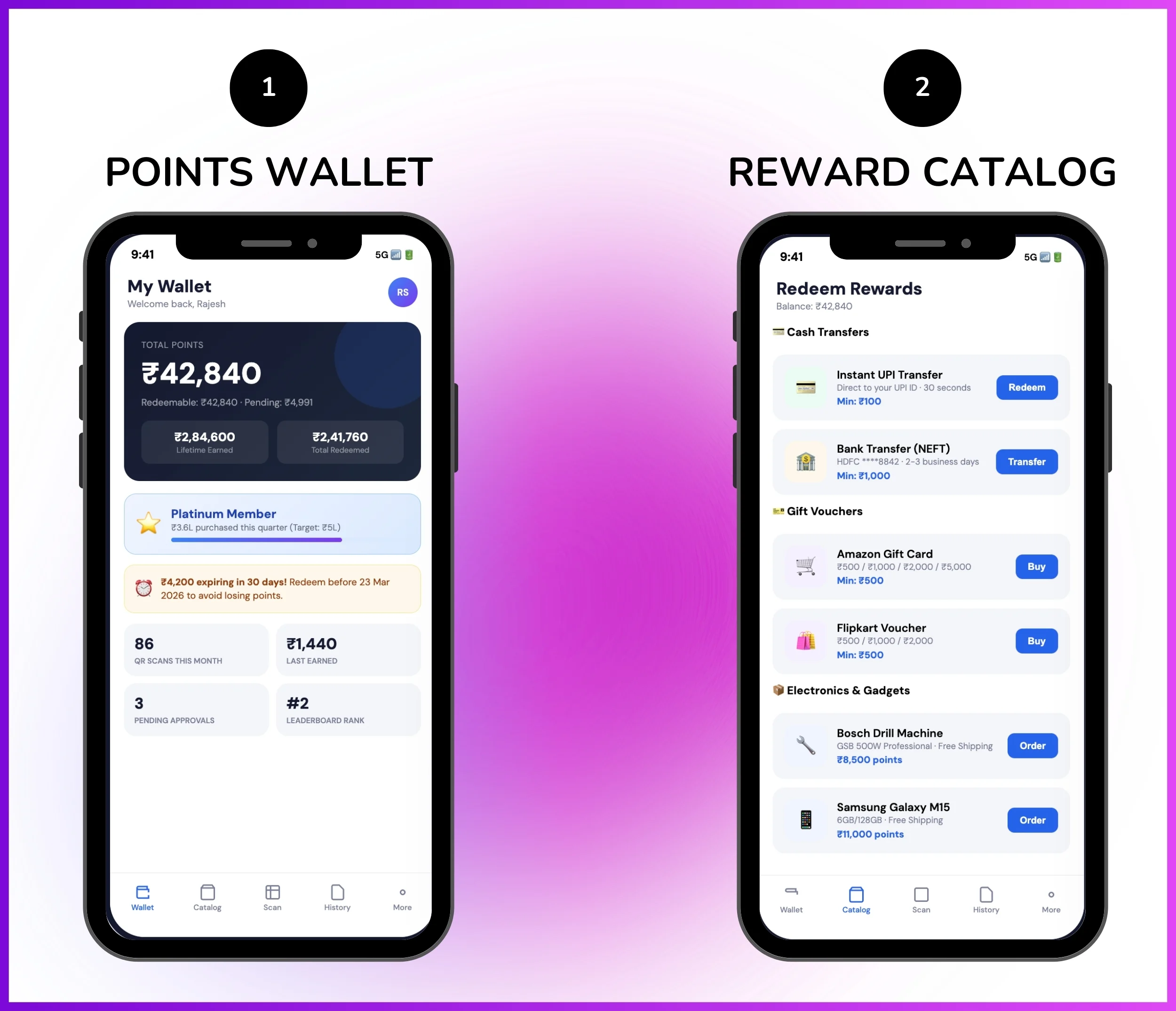 Mobile app displaying points wallet and reward catalog