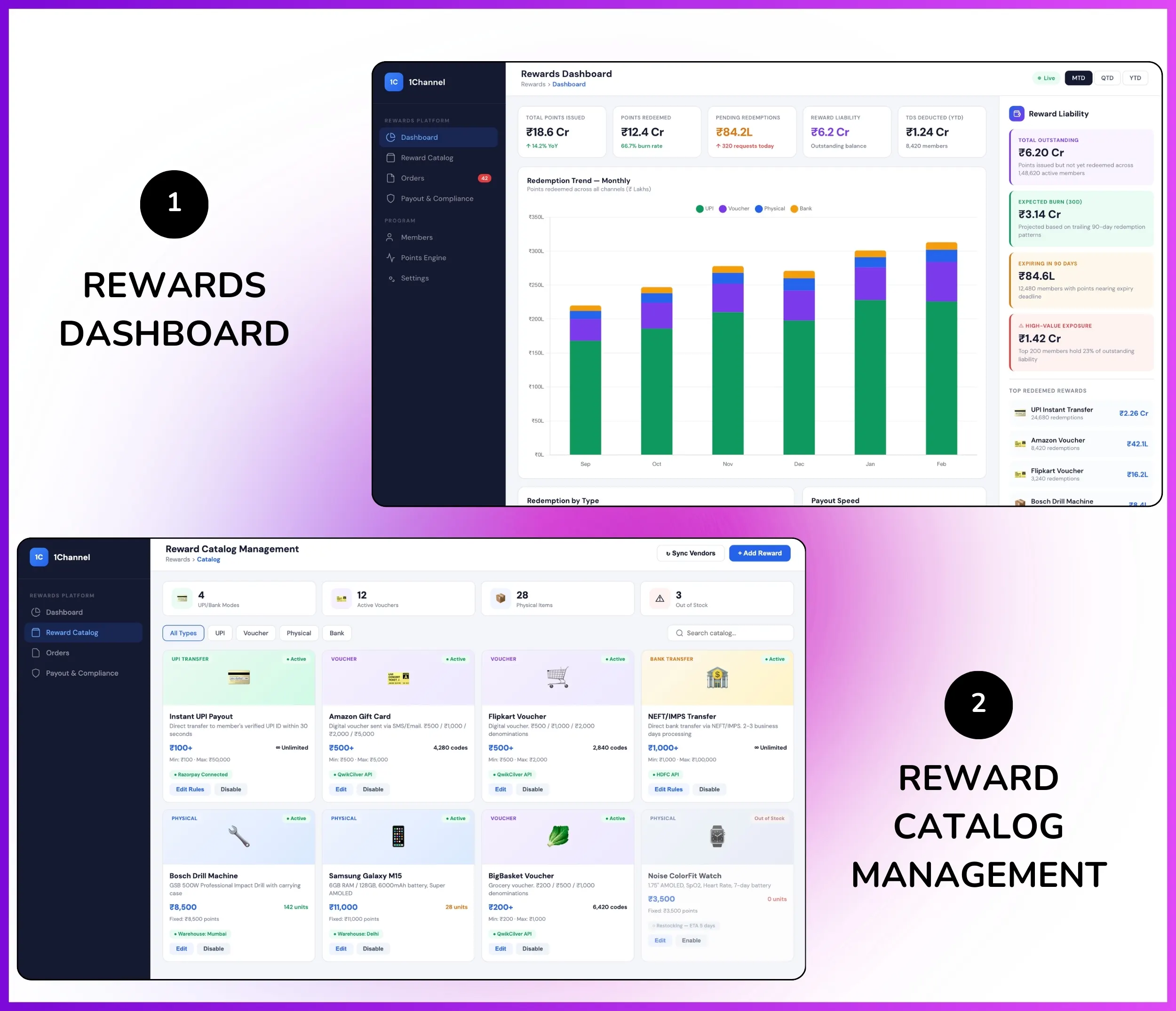 Web portal showing rewards dashboard and reward catalog management