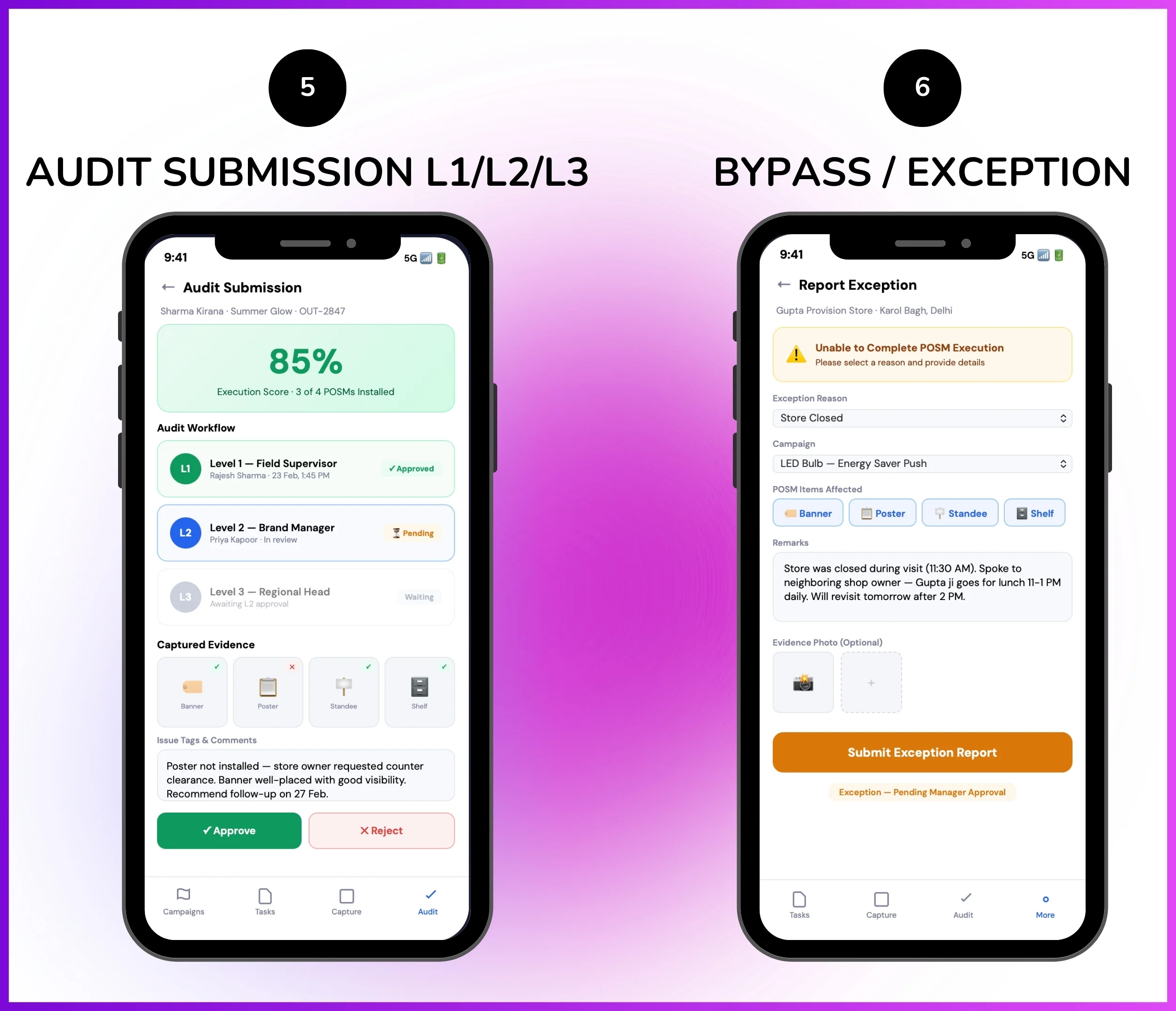 Retail merchandising mobile app showing audit submission with L1/L2/L3 approval and exception bypass screen