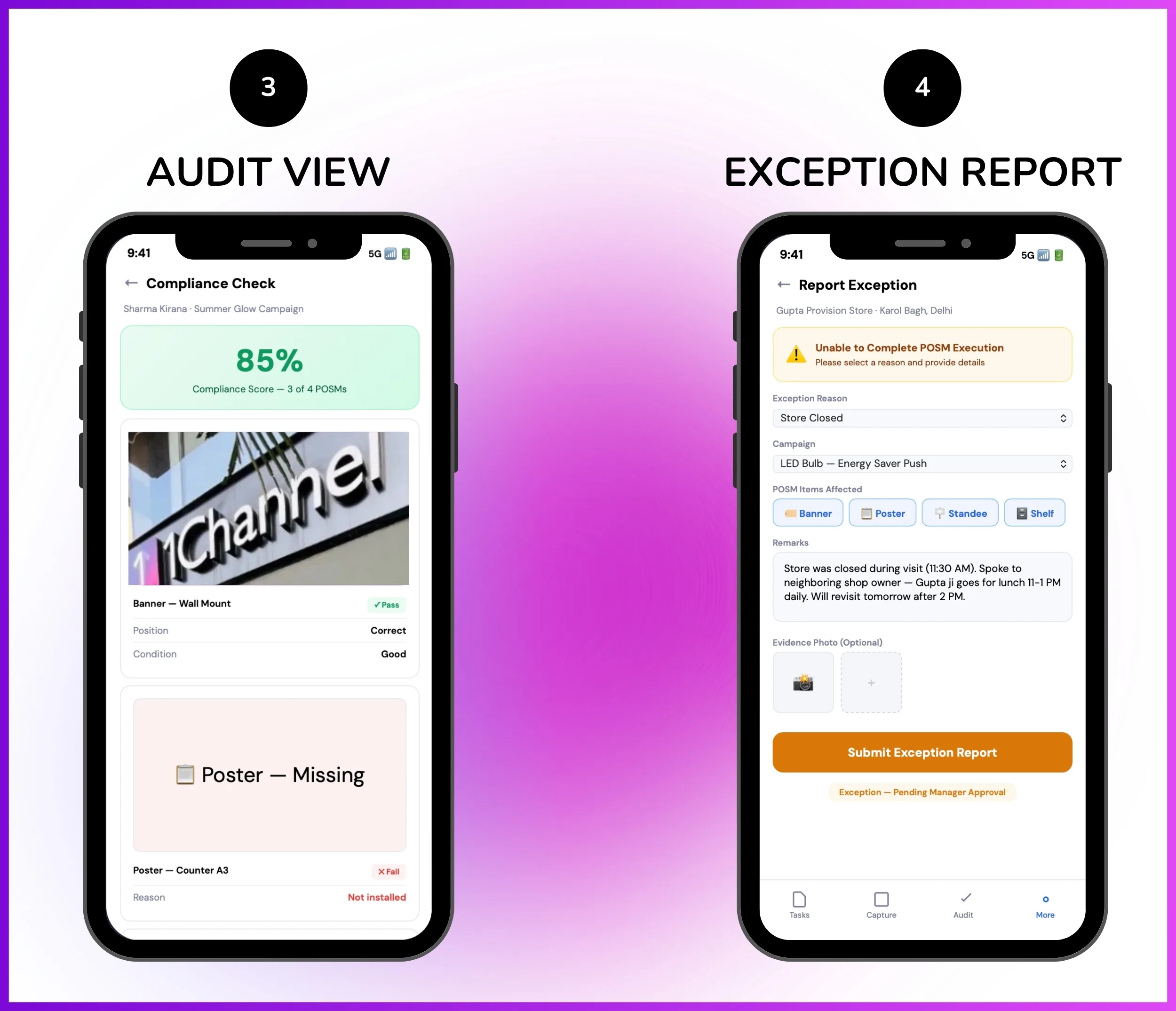 Visual merchandising mobile app showing audit view and exception report screen