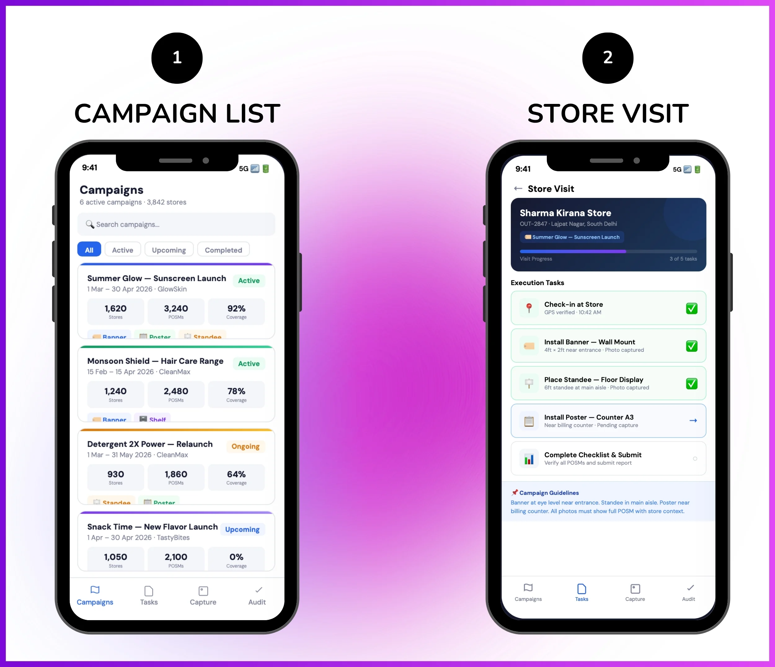 Retail merchandising mobile app showing campaign list and store visit management screen