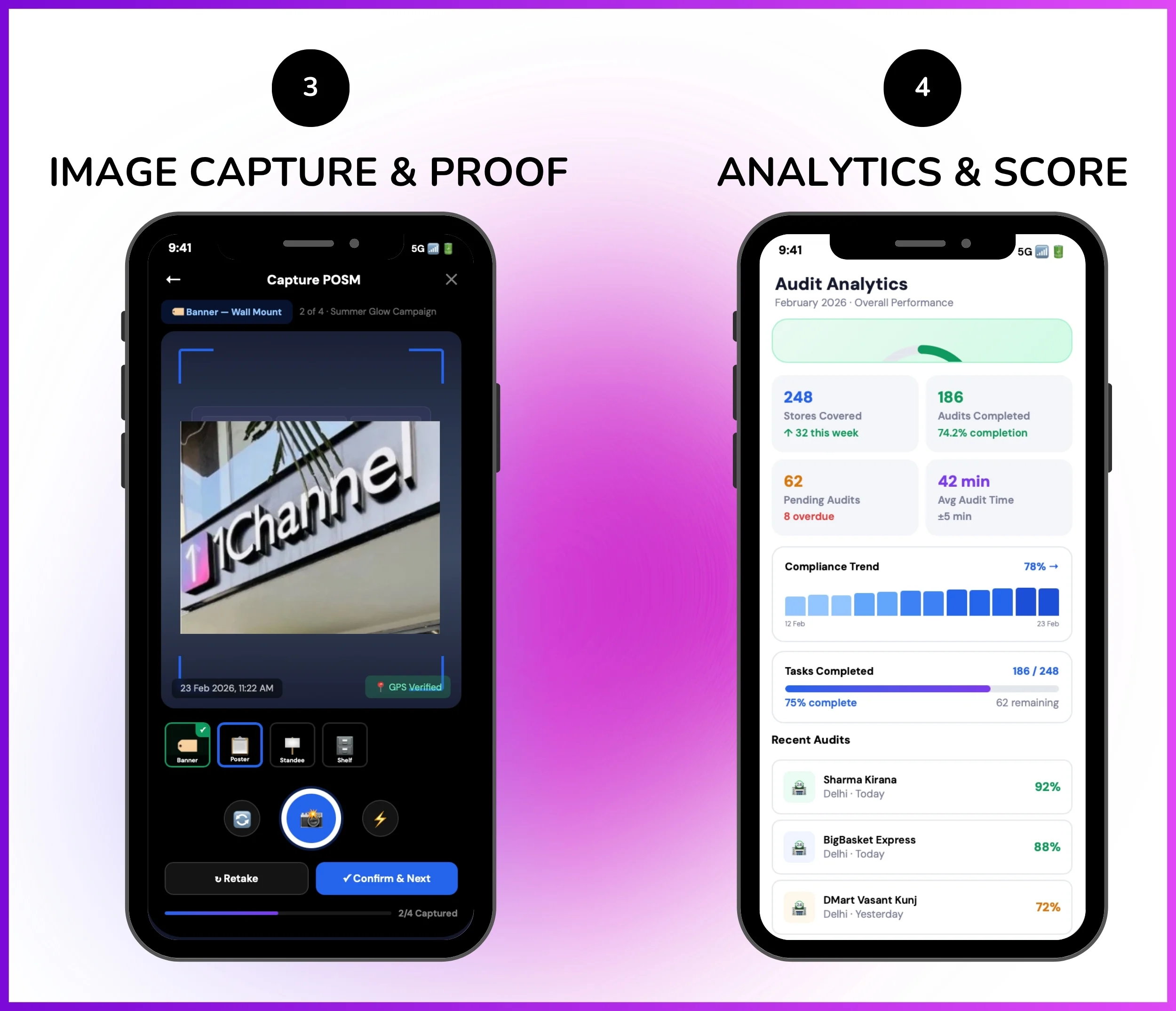 Store audit mobile app showing image capture, proof of execution, and audit analytics score screen