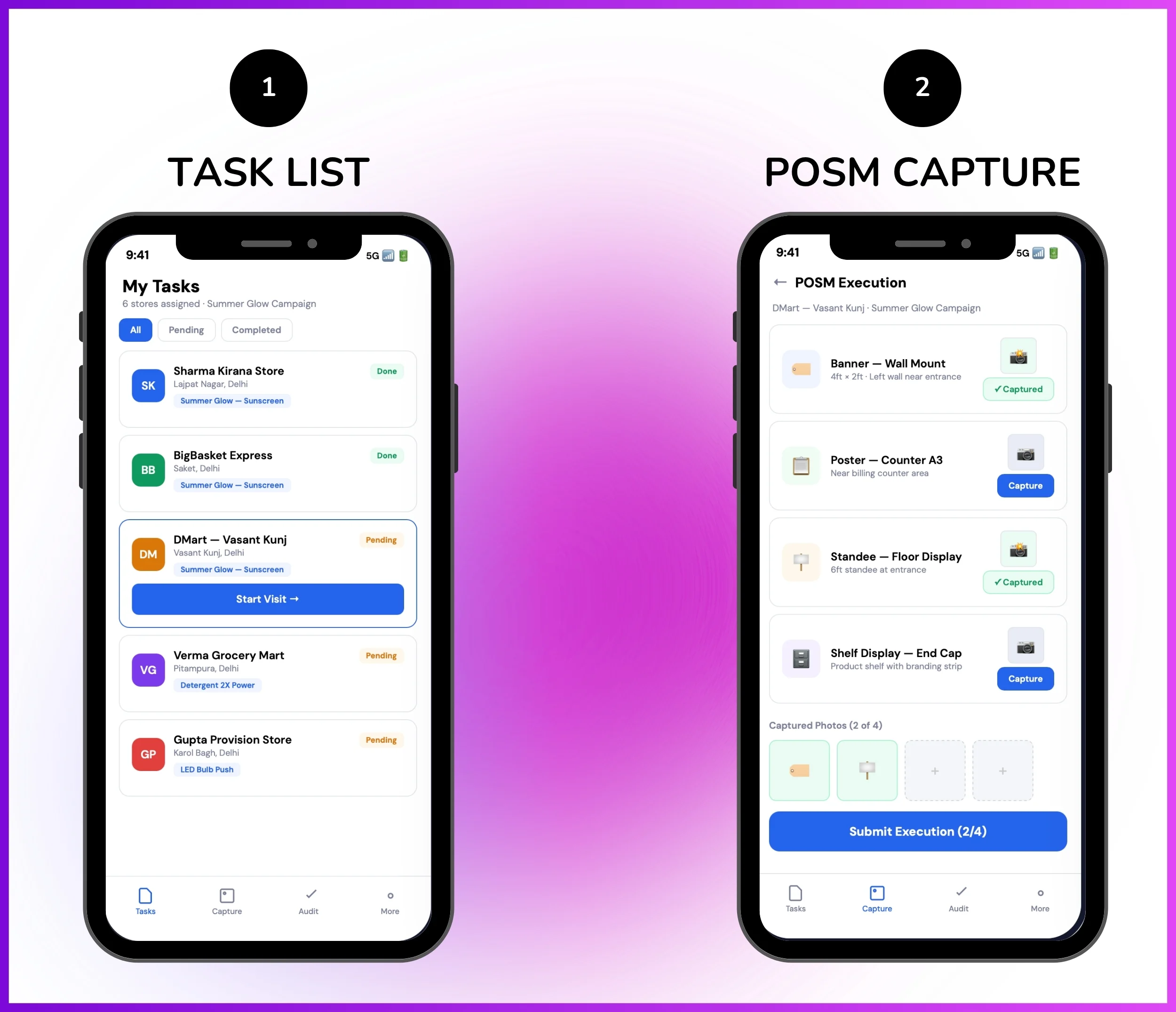 Visual merchandising mobile app showing task list and POSM capture screen
