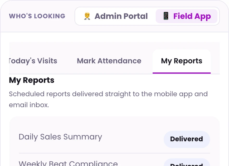 1Channel mobile app my reports screen with scheduled reports delivered to app and email