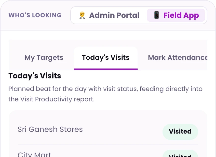 1Channel mobile app today's visits screen with planned beat and visit status