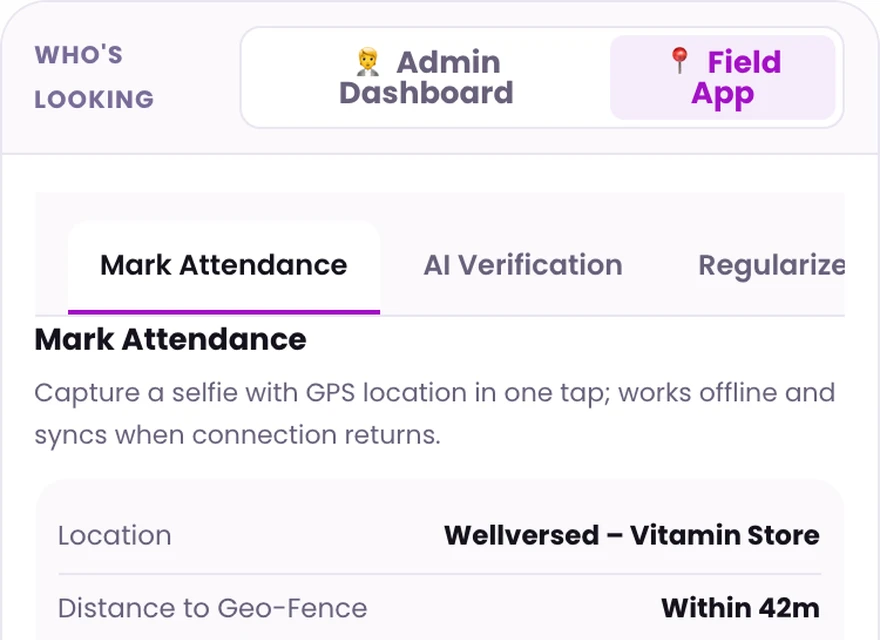 1Channel mobile app mark attendance screen with selfie capture and geofence distance