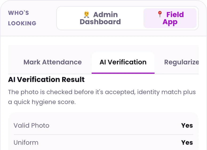 1Channel mobile app AI verification result screen with photo match and hygiene score