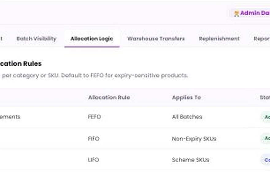 1Channel Batch & Expiry Management admin dashboard — Allocation Rules screen