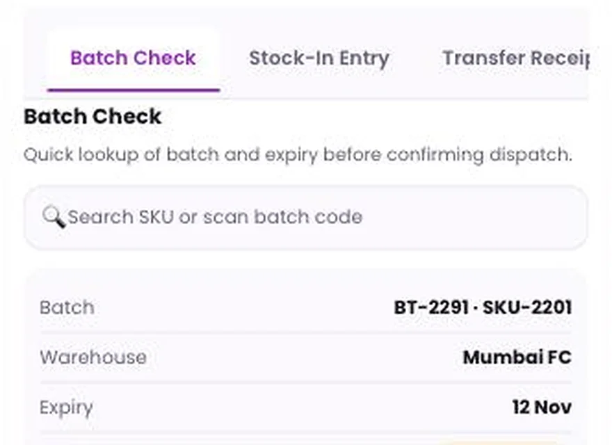 1Channel Field App mobile view — Batch Check screen