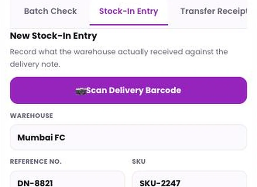 1Channel Field App mobile view — Stock-In Entry screen