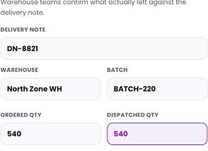 1Channel field app showing the Confirm Dispatch screen with delivery note, warehouse, batch, and quantity details