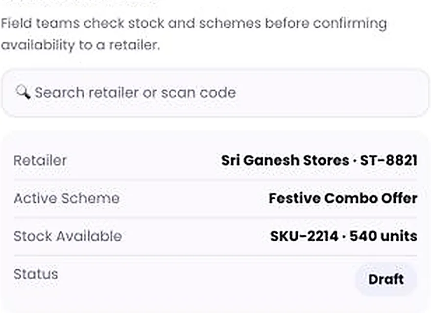 1Channel field app showing the Book Retailer Order screen with retailer, scheme, and stock availability checks