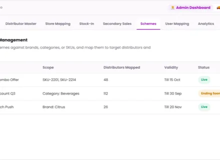 1Channel Distributor Management admin dashboard — Scheme Management screen