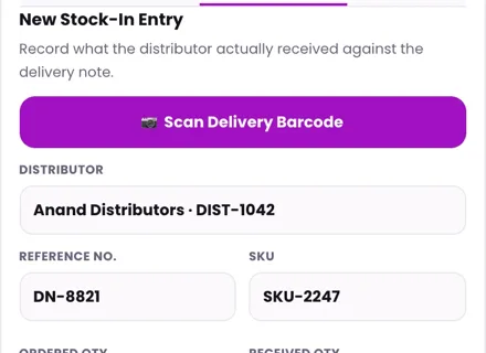 1Channel Field App mobile view — Stock-In Entry screen