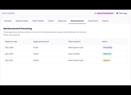 1Channel Expense Management admin dashboard — Reimbursement Processing screen