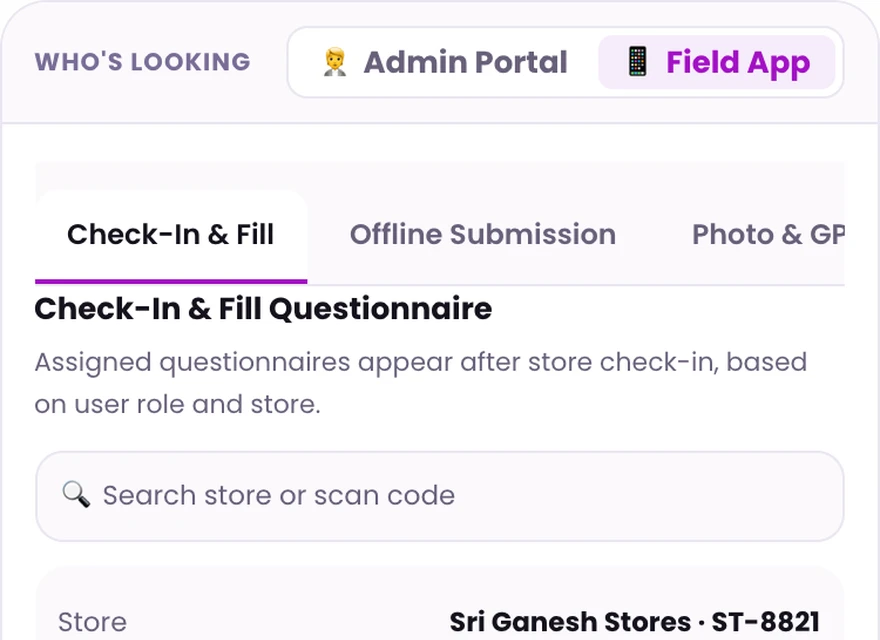 1Channel field app check-in and fill questionnaire screen with store, activity and question type