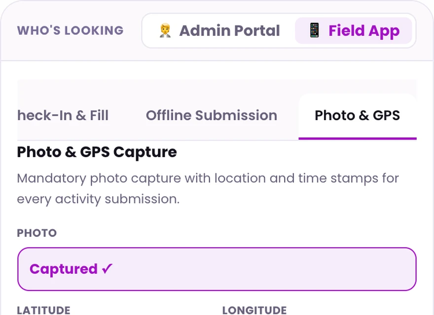 1Channel field app photo and GPS capture screen with mandatory location and timestamp
