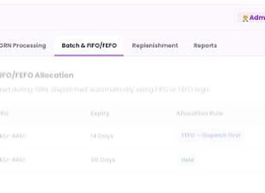 1Channel GRN & Inward Management admin dashboard — Batch & FIFO/FEFO screen