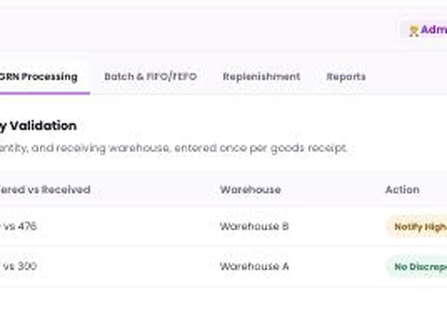 1Channel GRN & Inward Management admin dashboard — GRN Processing screen