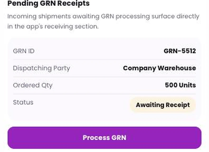 1Channel Field App mobile view — Pending GRN Receipts screen