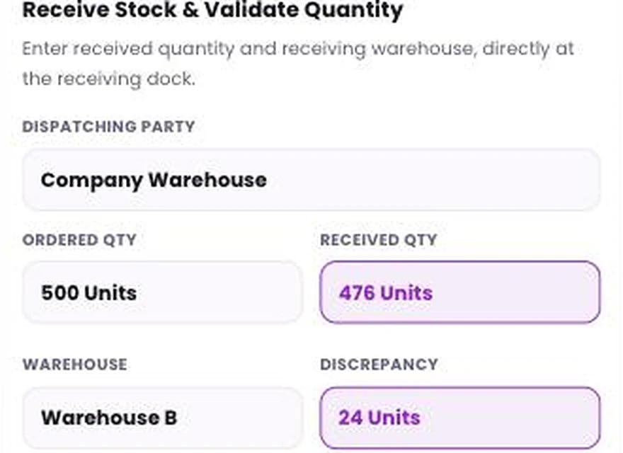 1Channel Field App mobile view — Receive Stock screen