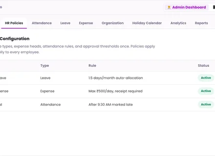 1Channel HR Management admin dashboard — HR Policy Configuration screen