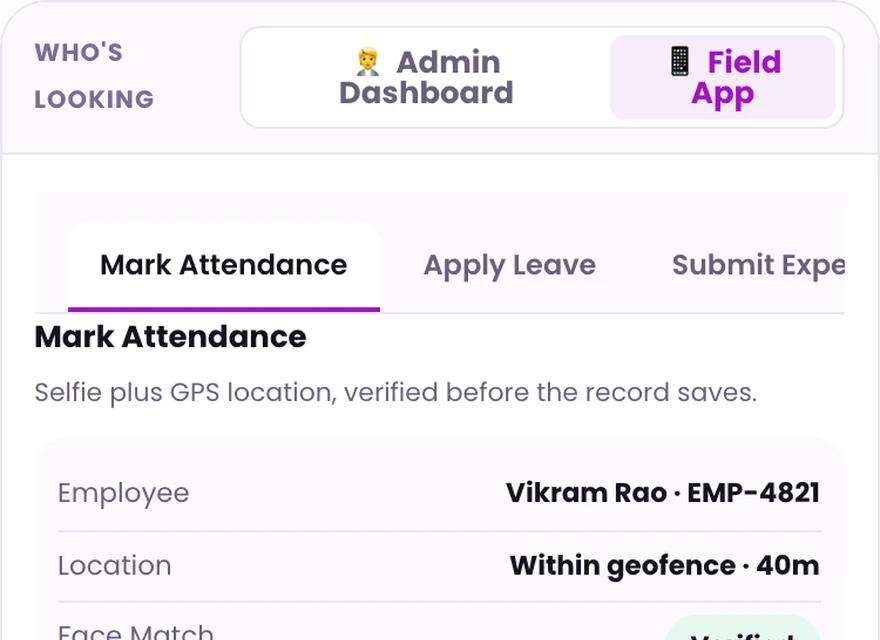 1Channel Field App mobile view — Mark Attendance screen