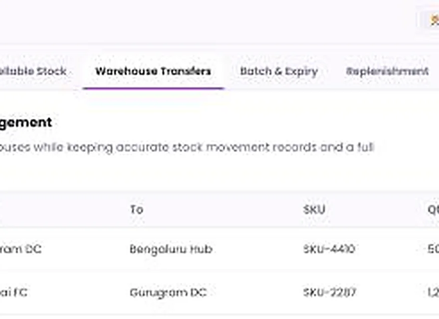 1Channel Inventory Management admin dashboard showing warehouse-to-warehouse stock transfer records