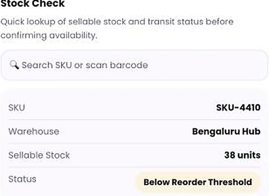 1Channel field app showing the Stock Check screen with SKU, warehouse, sellable stock, and reorder status