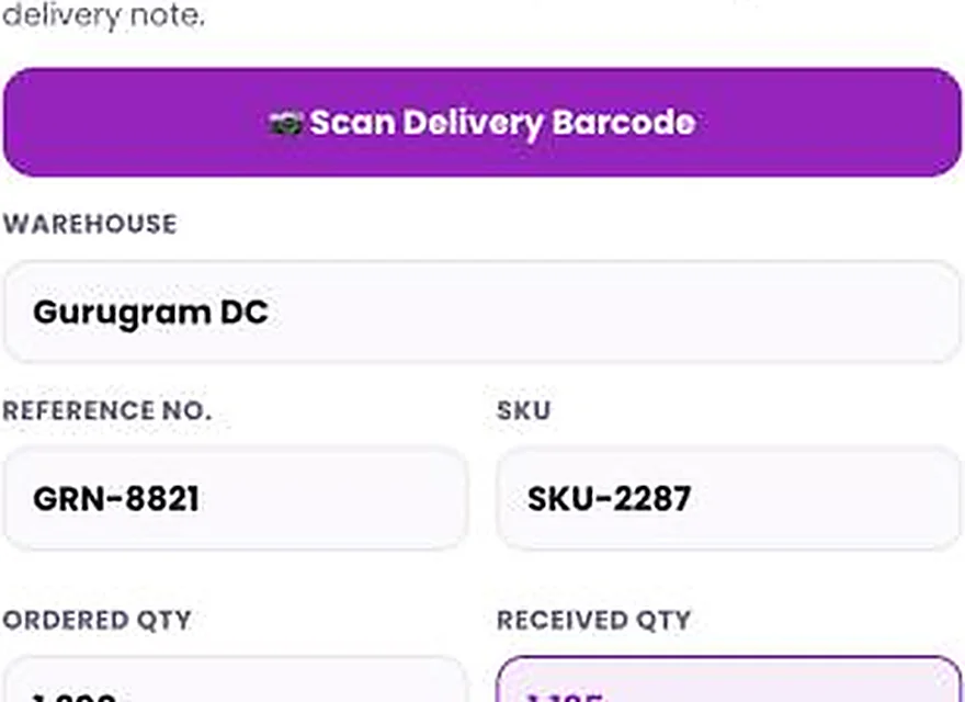 1Channel field app showing the New Stock-In Entry screen with warehouse, reference number, ordered and received quantity